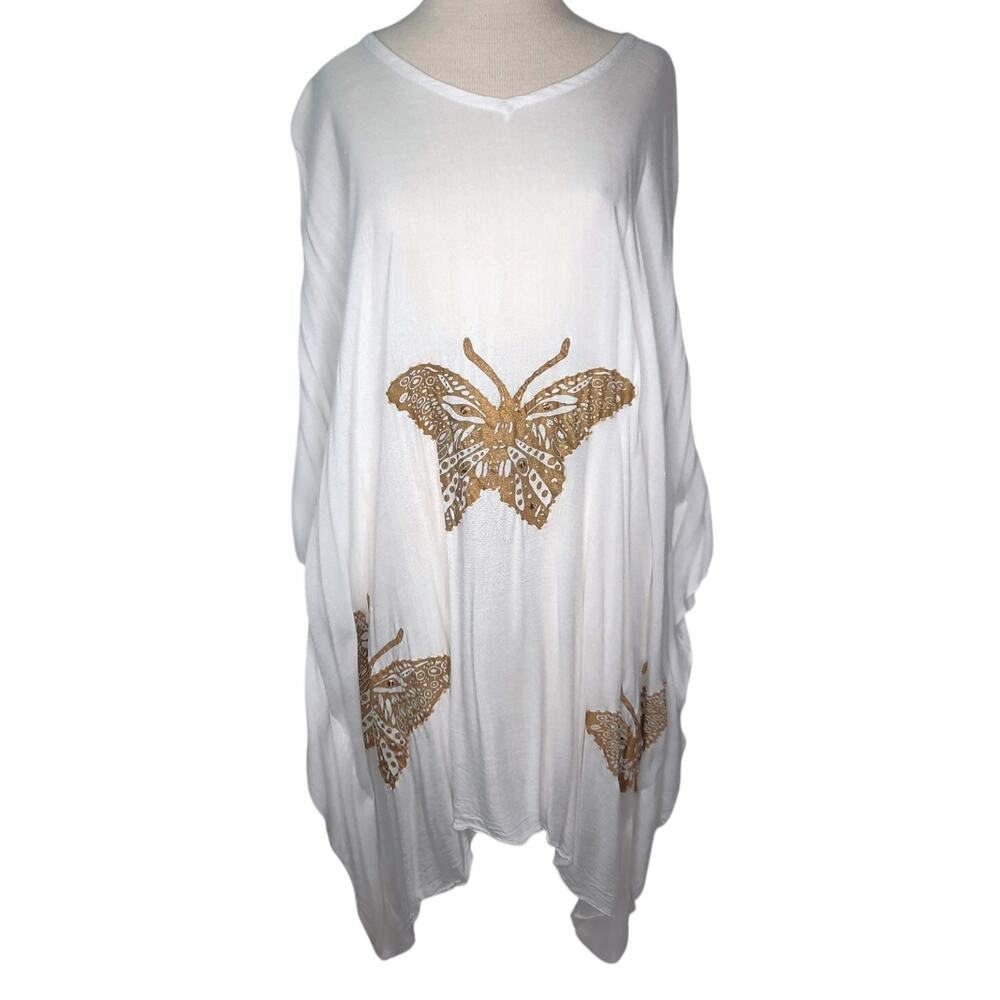 White Gold Butterfly Kaftan Resort Wear Beaded Rayon Top Swim Cover Up One Size